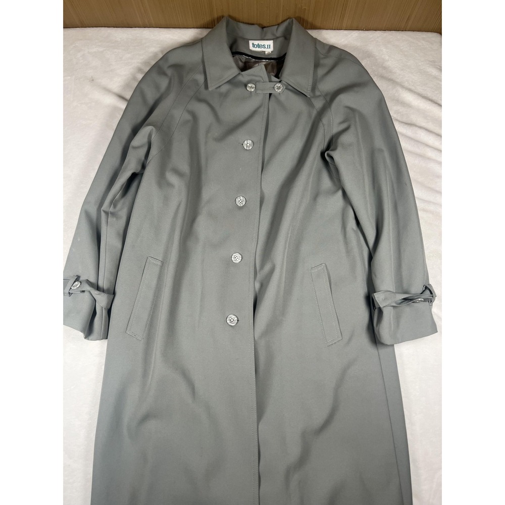 Totes II Rain Coat Womens 18 Gray Long Button Front Lined Trench Cuff Tabs